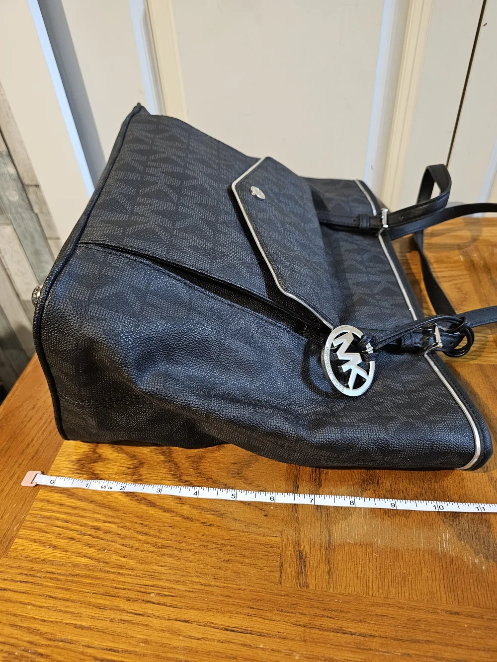 Michael Kors Black Logo Tote with Silver Charm and Trim